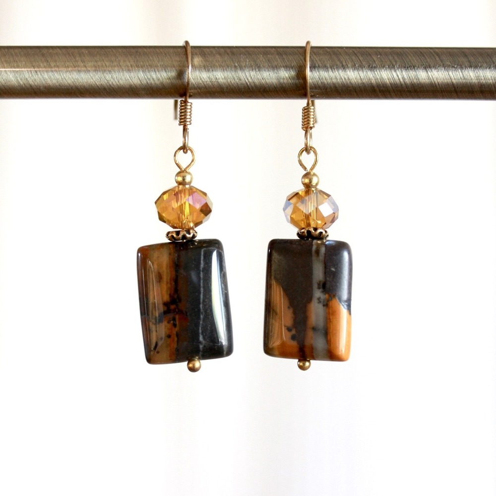 Jasper Stone Rectangle Drop Earrings Amber Crystal Gold Tone Earthy Boho E6